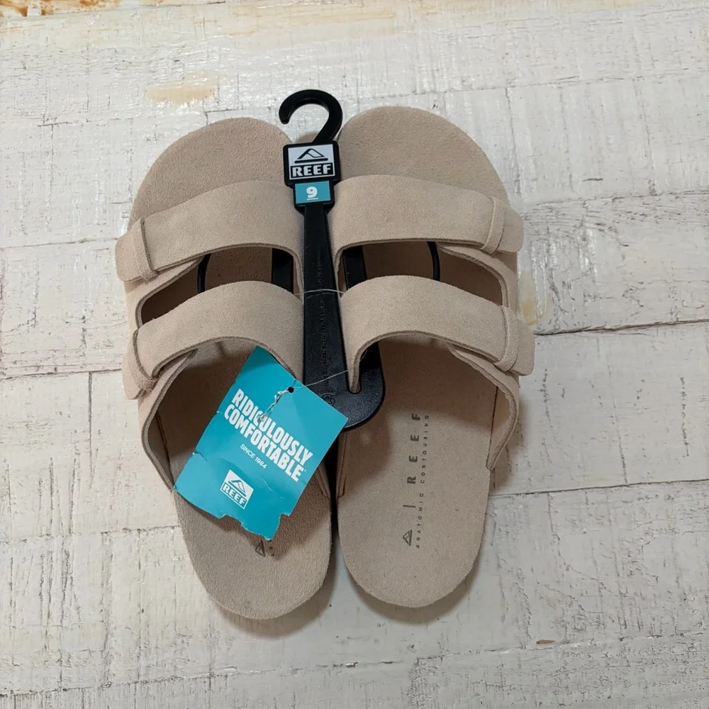 Reef Ojai Two Bar Sandals NWT size 9 Vintage Cream Suede Footbed Slip Ons - Picture 11 of 12